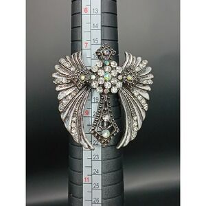 Gothic Cross Angel Wing Statement Ring Silver Tone Rhinestone Stretch Band-8.5